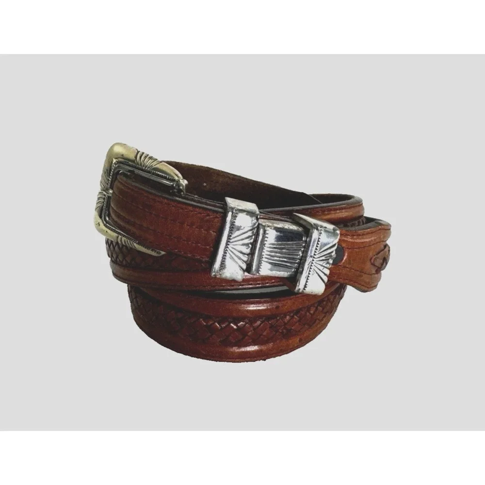Tony Lama Mens 38 Leather Braided Belt Cognac Engraved Silver Buckle Western Cow